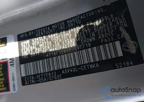 2011 Toyota Camry Le z USA, uszkodzony, nr VIN 4T1BF3EK0BU647718